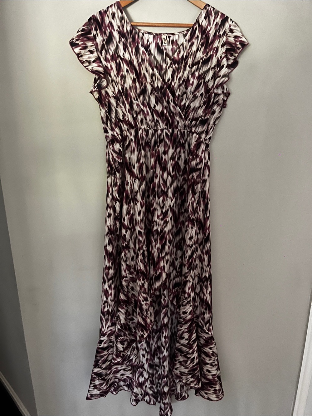 Burgundy and White Printed Surplice Maxi Dress